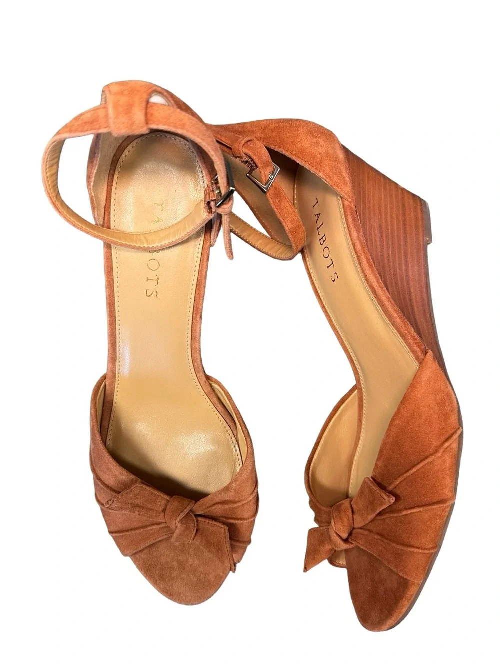 Talbots Brown Tan Suede Wedge Sandals Size 9.5 Leather Ankle Strap Bow Knot Heel